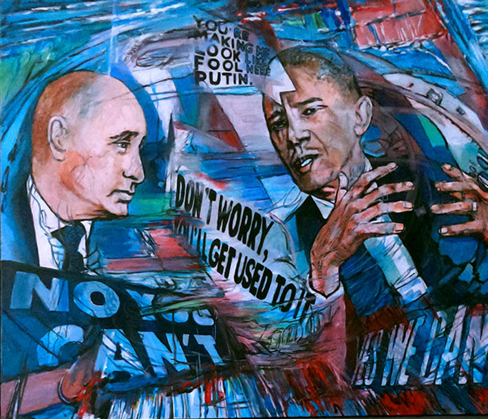 Acryl op canvas. Poetin vs Obama. 1  120 x 100 cm