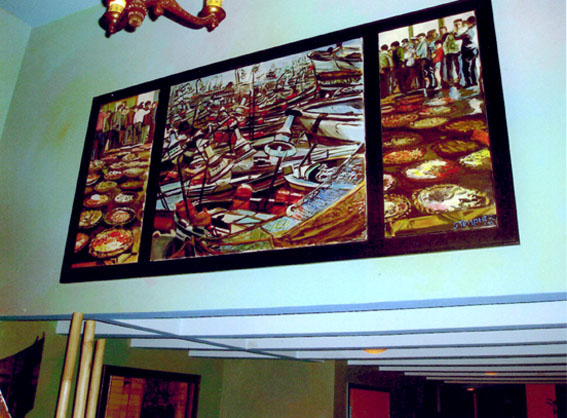 Decoratief olieverf schilderij  1 m x 2 m. Restaurant Chez Deventer